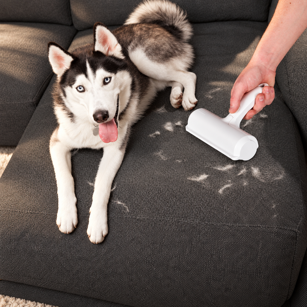 White FurAway roller cleaning loose dog hair from a charcoal sofa beside a husky
