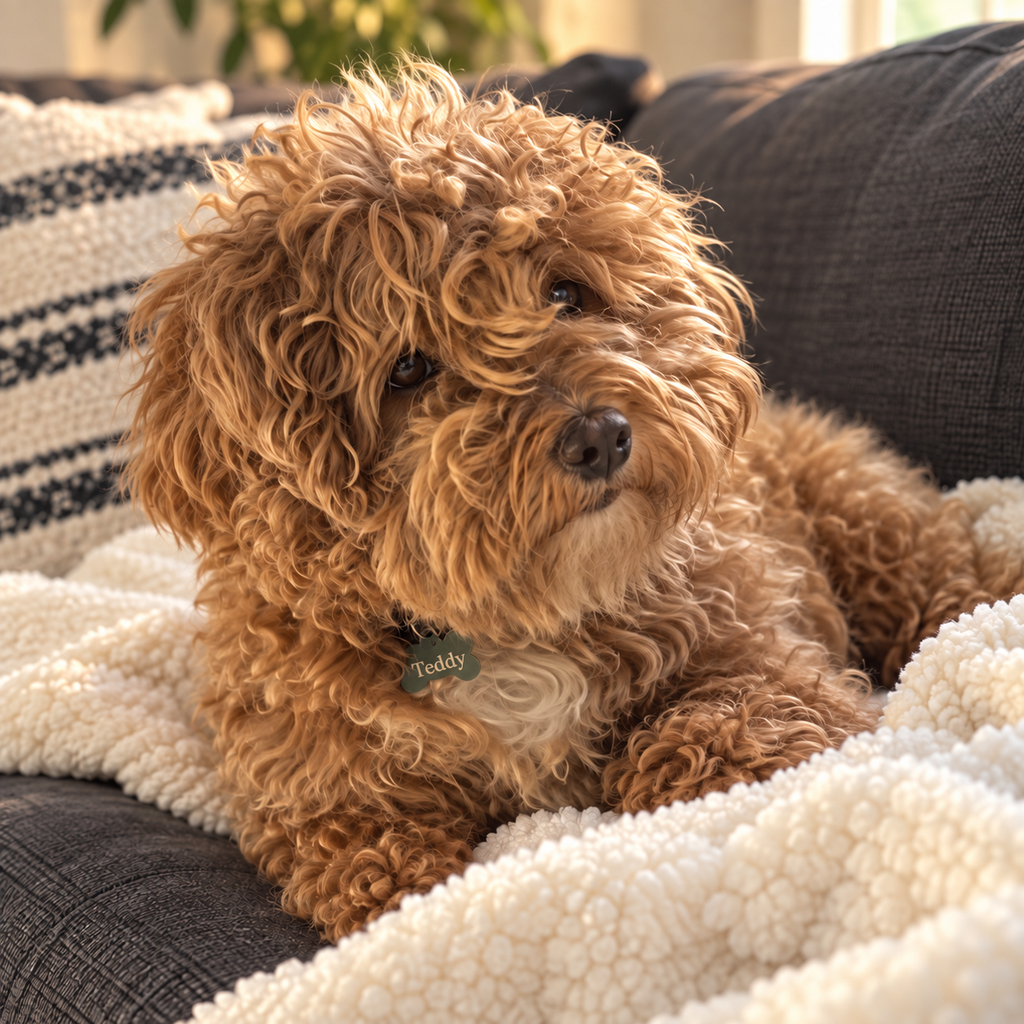 Teddy relaxing on a cream blanket with his name on his collar tag
