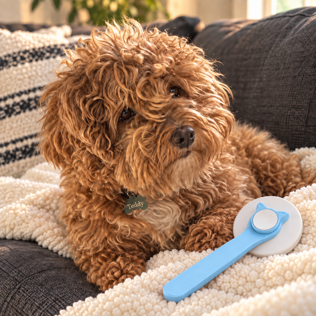 Teddy beside the blue FurEase grooming brush