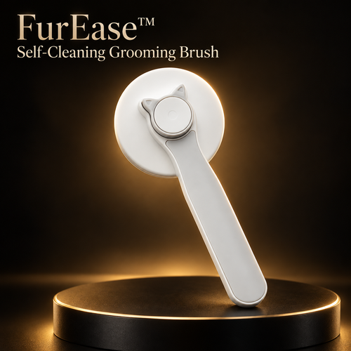 Petchura FurEase™ Self-Cleaning Pet Grooming Brush on a black pedestal with champagne gold lighting