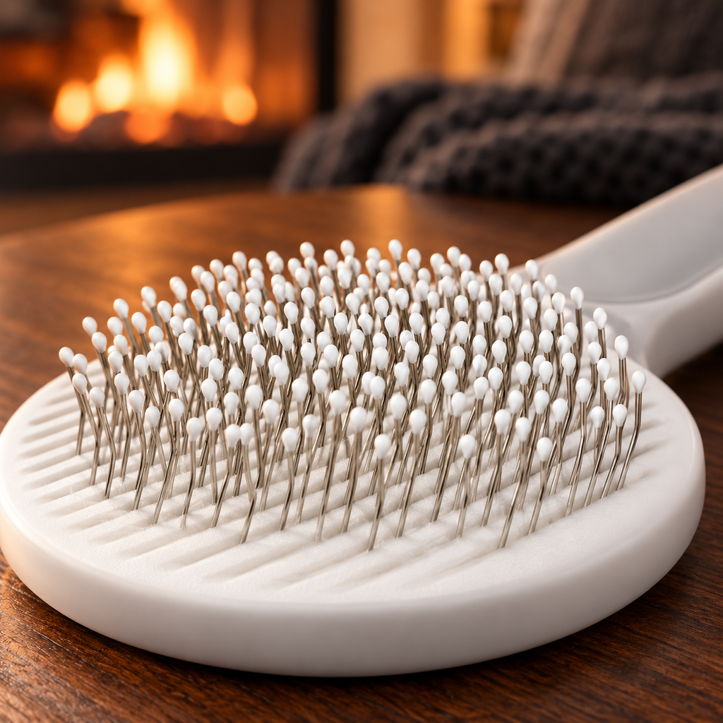 FurEase rounded bristle tips close-up in a warm home setting