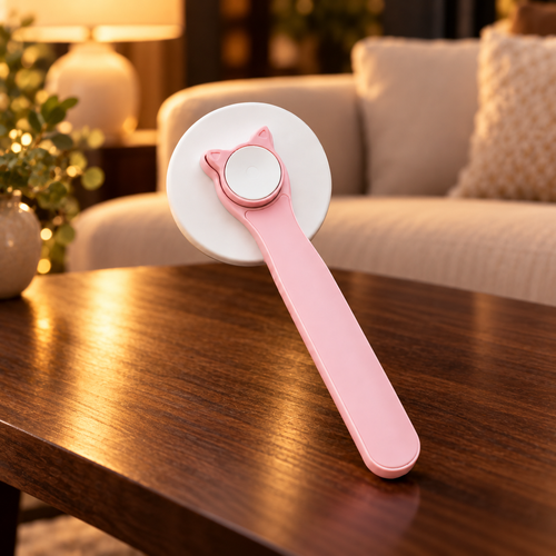 Pink FurEase brush with white button in a warm cozy living room
