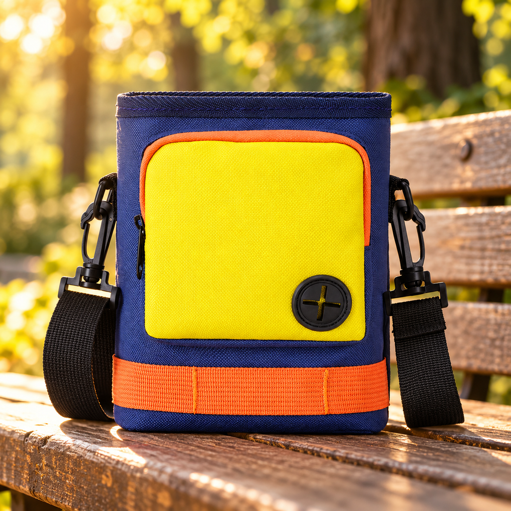 Petchura GO Dark Blue bag on a sunlit park bench