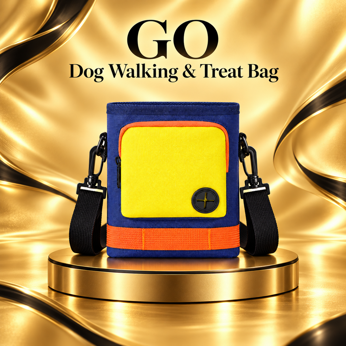 Petchura GO dark blue walking bag centered on a champagne gold background with black swirls