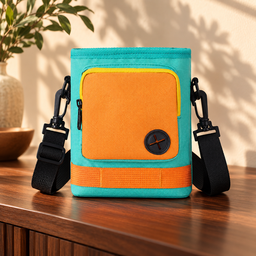 Petchura GO Light Green bag with orange front pocket in a warm entryway