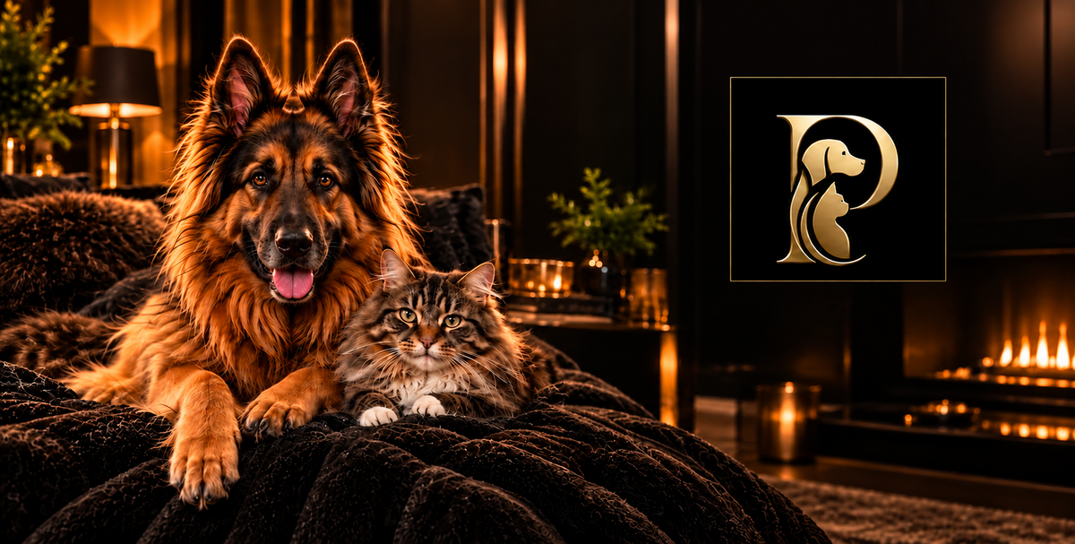 Long-haired German Shepherd and cat beside the official gold Petchura emblem in a warm room