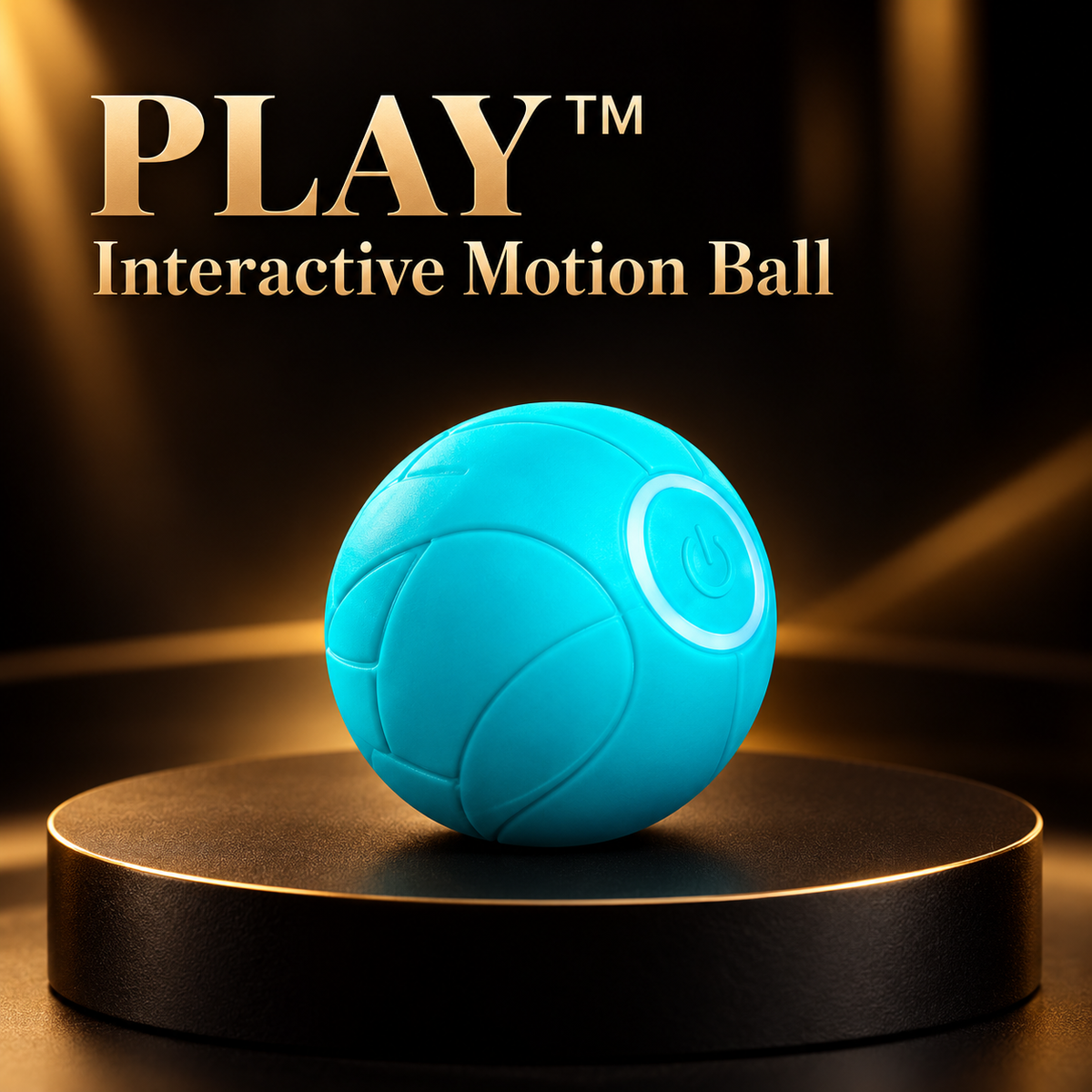 Petchura PLAY™ Motion Ball on a black pedestal with champagne gold lighting