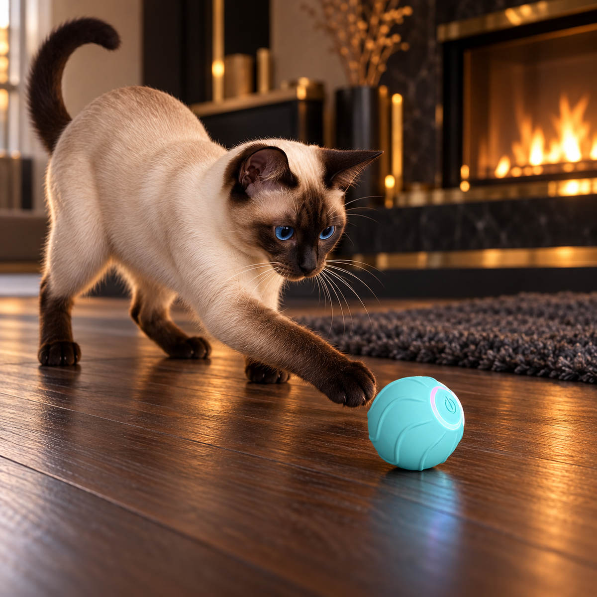 Sleek blue-eyed Siamese playing with Petchura PLAY blue motion ball beside a warm fireplace
