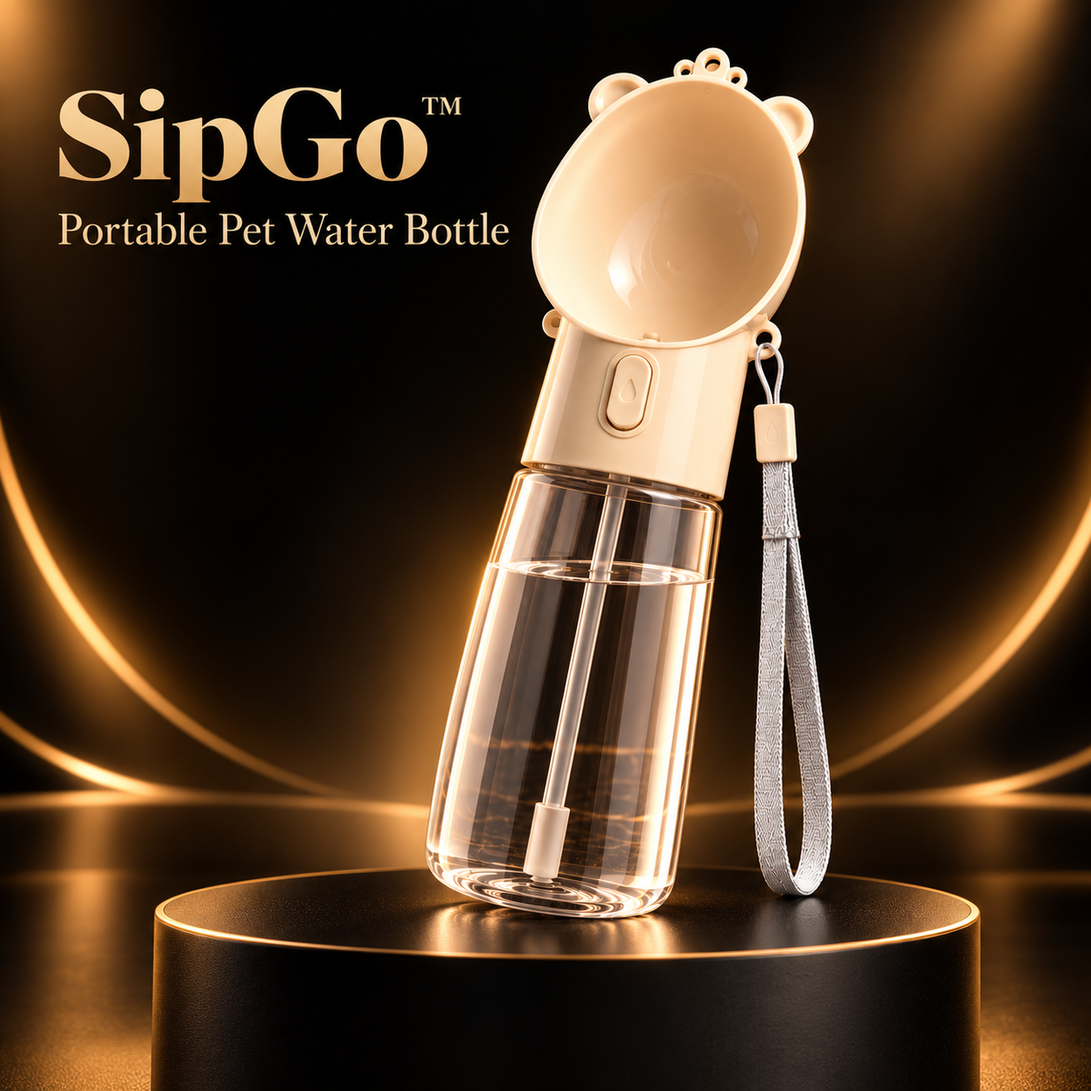 Petchura SipGo portable pet water bottle on a black pedestal with champagne gold lighting